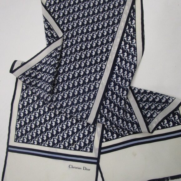 2 Silk Scarfs Logo Navy Oblong Rolled Hem French Designer - Picture 9 of 16